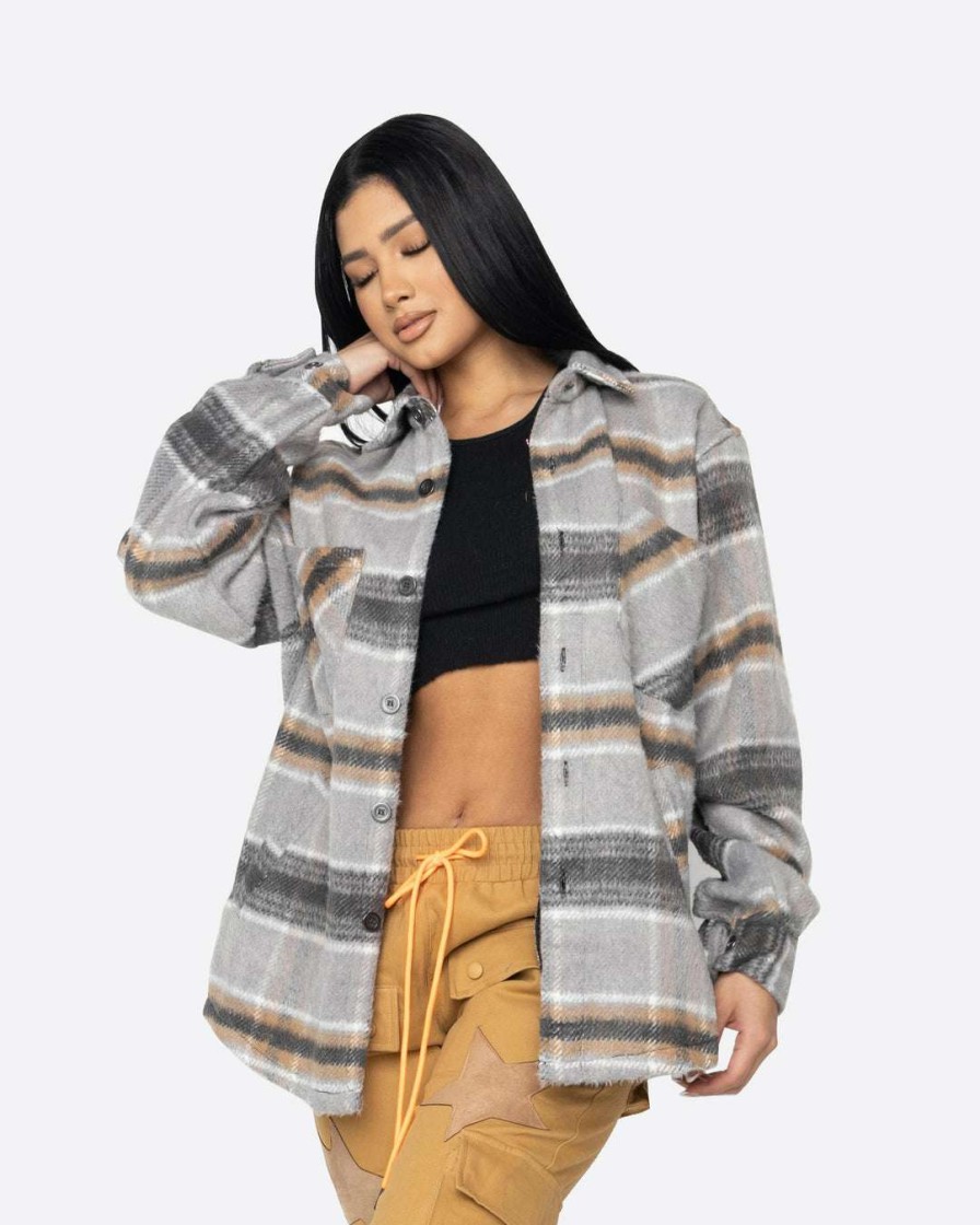 Women Eptm. | Eptm. Eptm Women Slit Flannel Shirt-Mohair/Almond Tops